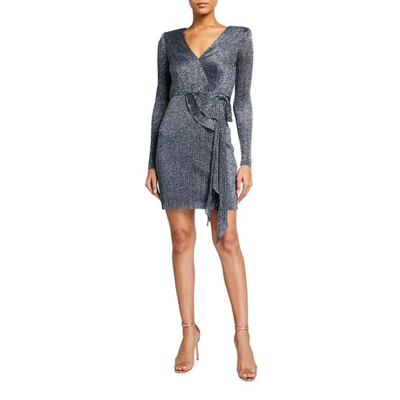 Aidan by Aidan Mattox Blue Metallic Padded Shoulder Wrap Dress - Size 0 - NWT - Picture 3 of 3